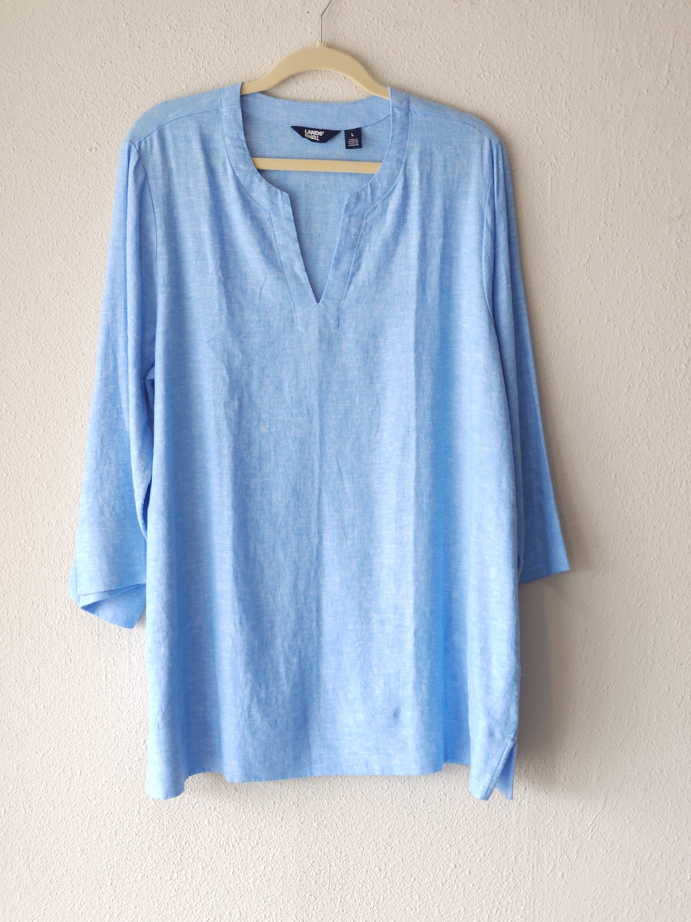 Lands' End Sky Blue Split V-Neck Tunic Linen-Blend Blouse